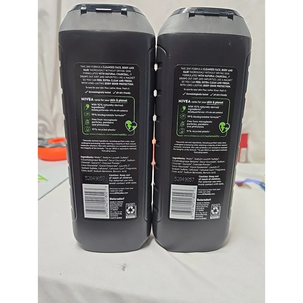 2 NIVEA Men Body Wash - 16.9oz Active Clean Natural Charcoal Deep Clean New Set